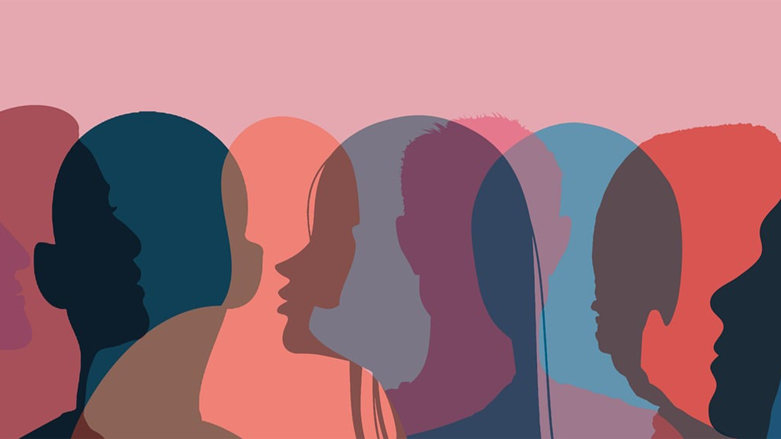 On voit sur cette image plusieurs têtes (d'hommes et de femmes), se dirent des choses dans les oreilles des autres. Les têtes sont en ombres, c'est une illustration. Il y a un mélange de couleur clair et foncé avec des tons de rose et de bleu.