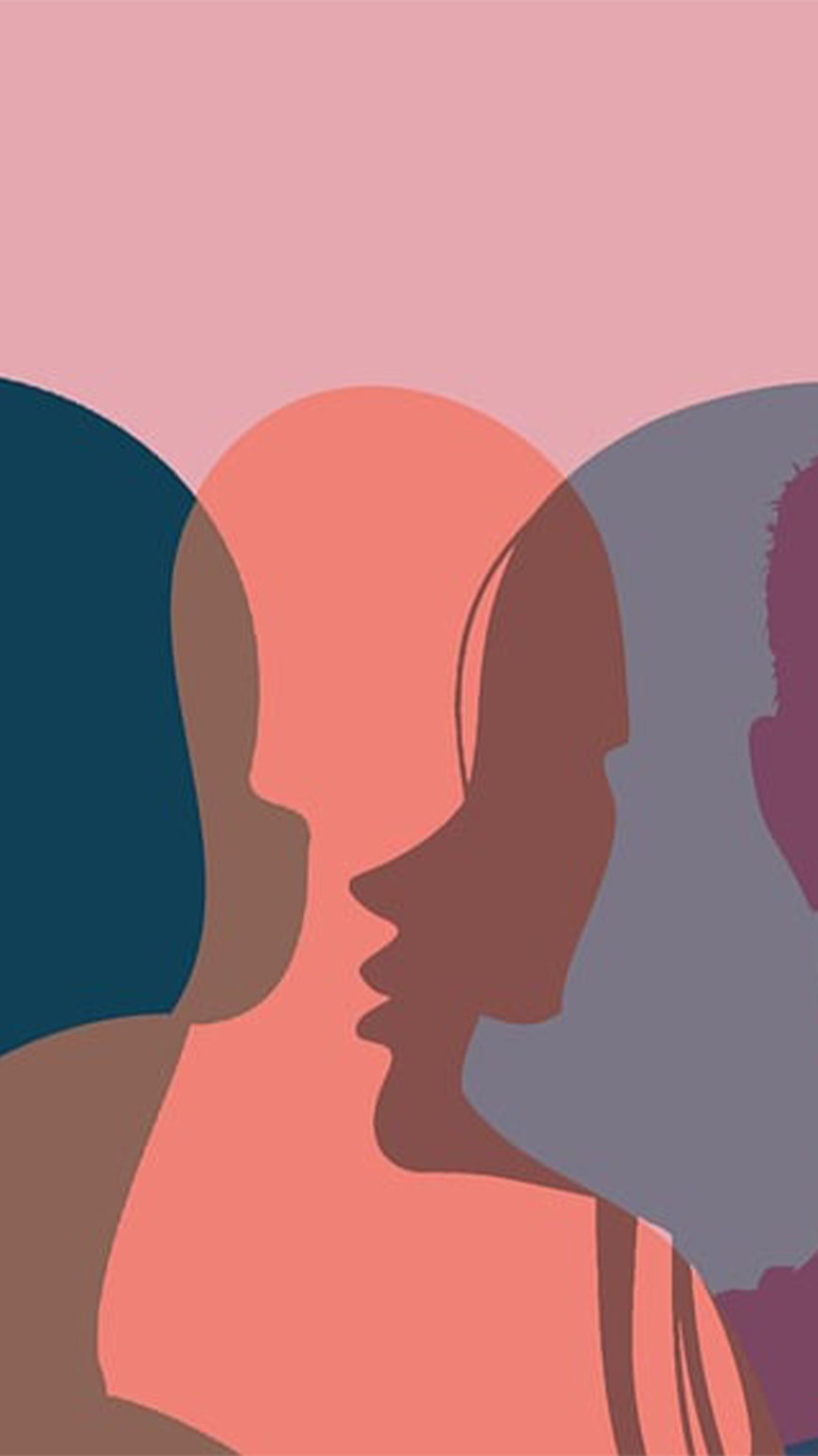On voit sur cette image plusieurs têtes (d'hommes et de femmes), se dirent des choses dans les oreilles des autres. Les têtes sont en ombres, c'est une illustration. Il y a un mélange de couleur clair et foncé avec des tons de rose et de bleu.
