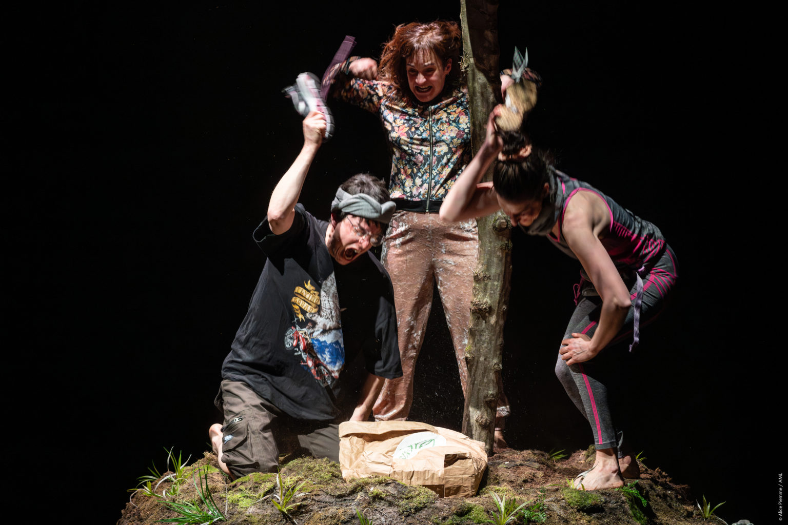 Trois acteurs et actrices (Muriel Legrand, Sophie Linsmaux et Aurelio Mergola) sont placés autour d'un arbre esseulé et en mauvais état. Ils frappent sur un sac.