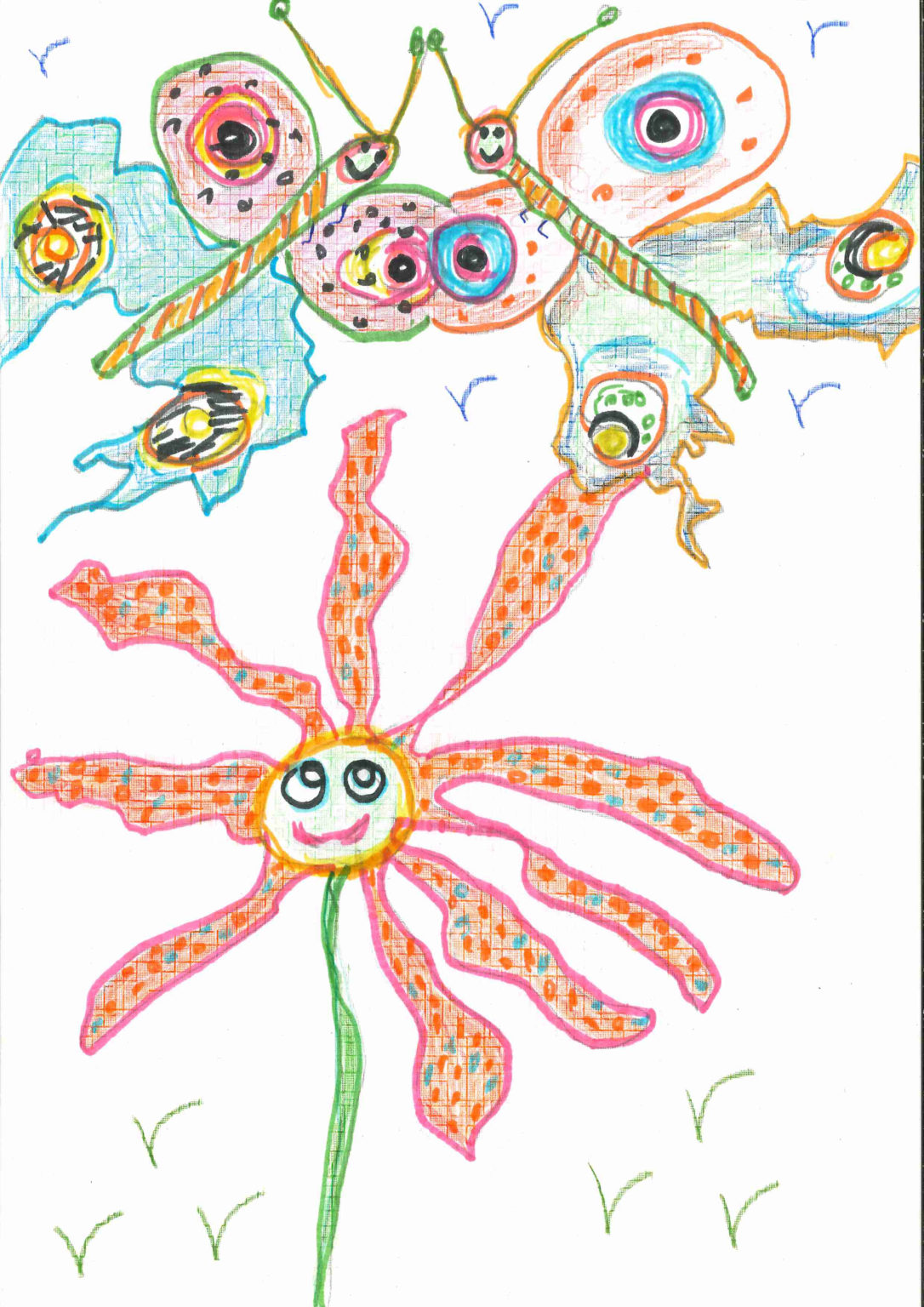 Dessin réalisé par Marthe Paulus de deux papillons colorés qui se regarde.