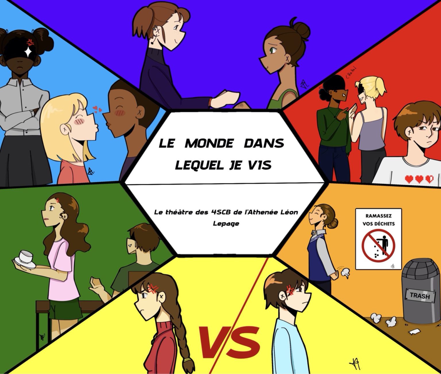 Une image animée avec plusieurs interactions sociales entre personnes qui sont segmentée par des bloc de couleurs. Un hexagone au milieu annonce le titre du spectacle : le monde dans lequel je vis.