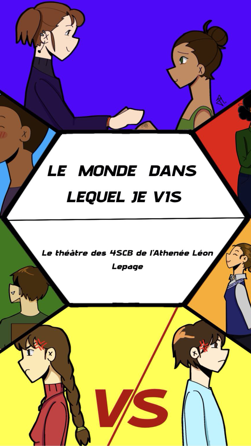 Une image animée avec plusieurs interactions sociales entre personnes qui sont segmentée par des bloc de couleurs. Un hexagone au milieu annonce le titre du spectacle : le monde dans lequel je vis.