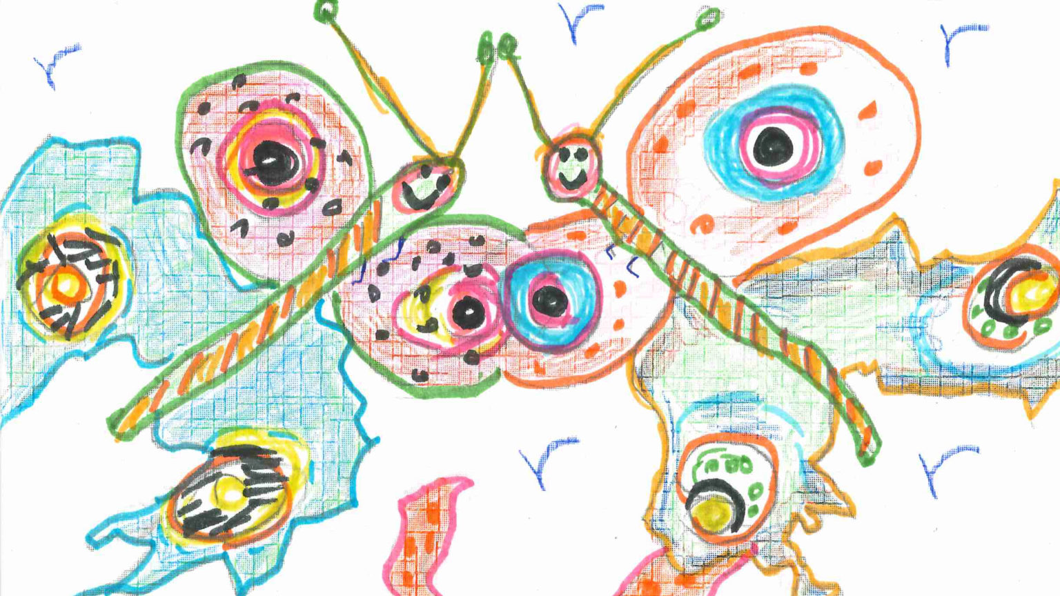 Dessin réalisé par Marthe Paulus de deux papillons colorés qui se regarde.