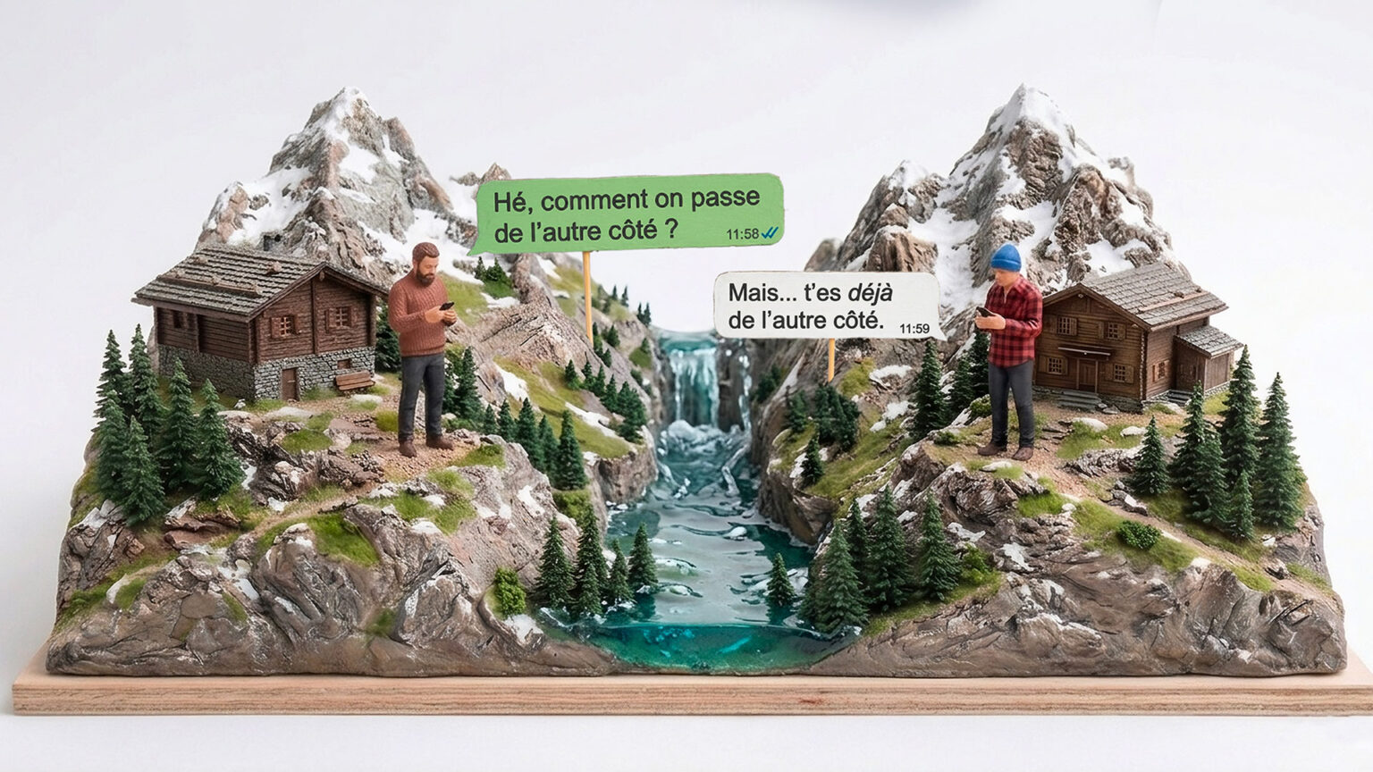 Maquette représentant un paysage montagneux en miniature, avec deux falaises séparées par une rivière et une cascade. Des chalets sont installés de chaque côté. Deux personnages miniatures se tiennent face à face sur les hauteurs. Des bulles de message contenant du texte apparaissent au-dessus d’eux et disent "Hé, comment on passe de l'autre côté ?" et "Mais... t'es déjà de l'autre côté"